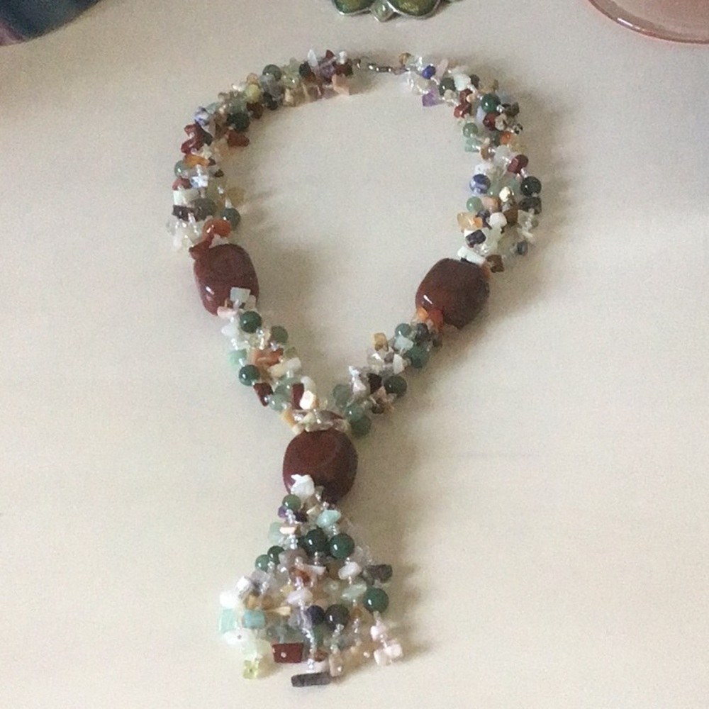 Semiprecious colored stone tassel necklace with 3 large beads